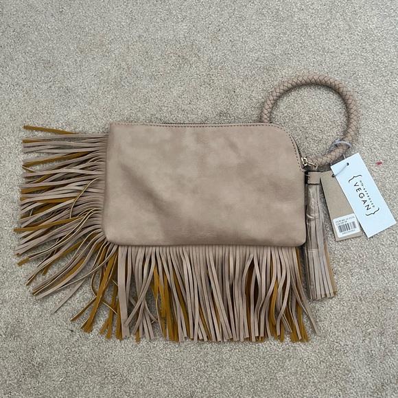 Handbags - NWT Tan Fringe Clutch Bag